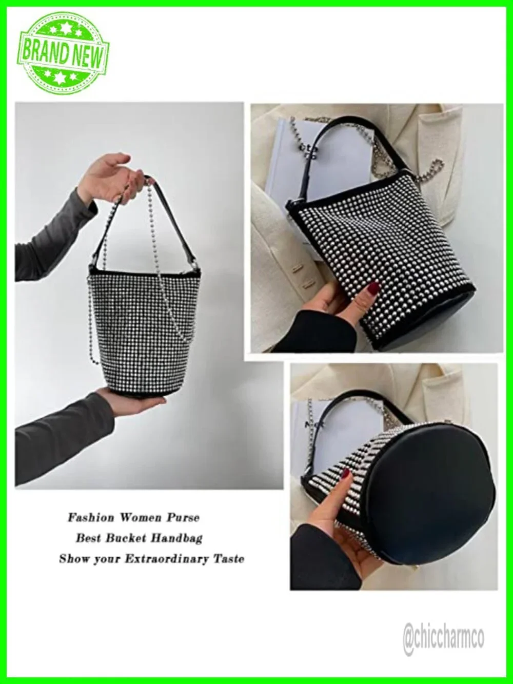 Rhinestone Rivets Bling Bucket Hobo Bag Chic Evening Purse Clutch Crossbody